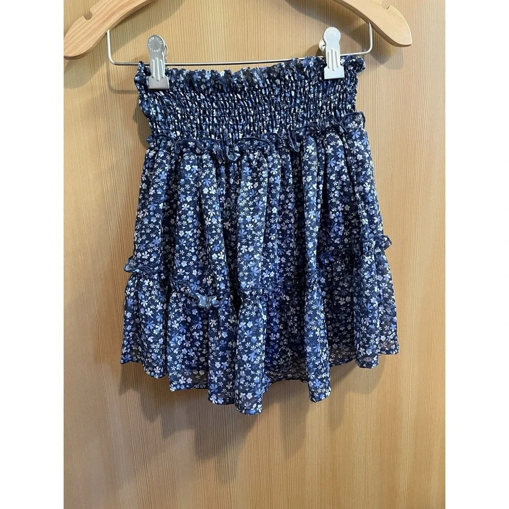 NWT Altar'd State Blue Floral Smocked Tiered Mini Skirt Size X-Small Boho Flawed